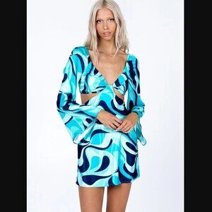 Princess Polly Dominique Retro Blue Swirl Satin Long Sleeve Cut Out Dress 2